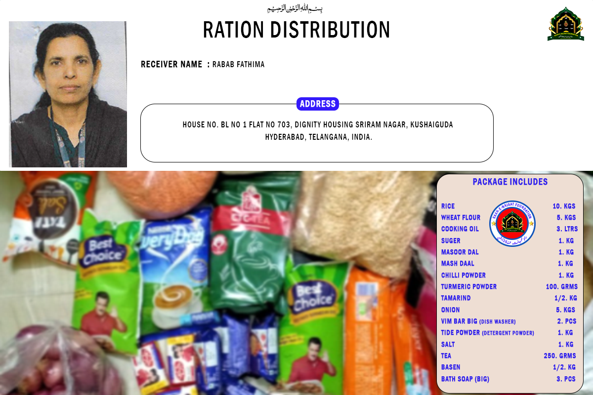 Raah-e-Najaat stepped forward to provide a comprehensive ration kit to Rabab Fathima